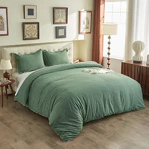 BISELINA 100% Washed Cotton Duvet Cover Set 3 Pieces with Triangle Hem Solid Colour Linen Durable, Breathable, Soft, Comfortable & Chic Bedding (Full, Olive Green)