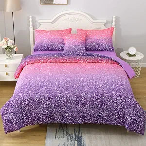 JQinHome Twin Pink Purple Comforter Set, 6 Piece Bed in A Bag 3D Colorful Bedding Set for Girls Kids (1 Comforter,2 Pillowcases,1 Flat Sheet,1 Fitted Sheet,1 Cushion Cover)(Pink Purple)