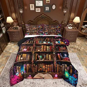 Homewish 3D Library Books Comforter Set Abstract Brown Retro Wooden Stripes Bedding Set for Kids Teens Adults Western Magical Mysterious Style Down Comforter with 2 Pillowcases King Size 3 Pcs
