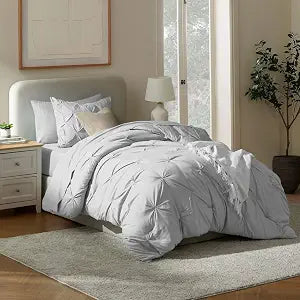 Nestl Twin XL Comforter Set 5 Piece - Pintuck Twin XL Bedding Set Light Grey, College Dorm Room Essentials Bed in a Bag, Twin XL Comforter Set for College Girls & Boys with Sheets, Pillowcase and Sham