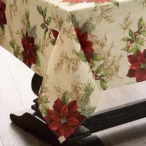 Festive Poinsettia Holiday Fabric Tablecloth, Multicolor - 60" W x 120" L