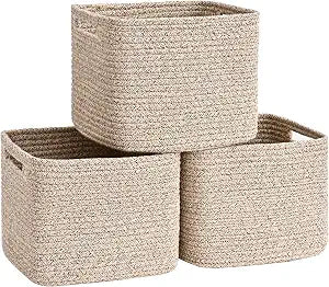 3 Pack Cube Storage Bin, 9x9x7 Cotton Rope Woven Baskets for Organizing Toys Clothes Towels, Square Gift Storage Baskets for Shelves, Nursery, Closet, Bathroom, Pantry (Jute)