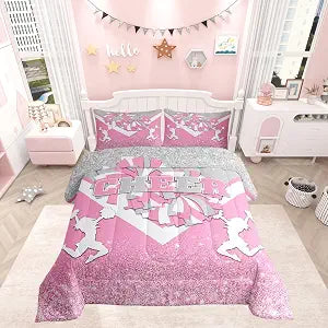 Castle Fairy Cheerleading Theme Comforter Twin,Girls Women Pink Dreamy Splicing Grey Pink Quilt Comforter with 1 Pillowcase,Modern Fashion Luxury Sequin Print Bedding Set Soft and Breathable