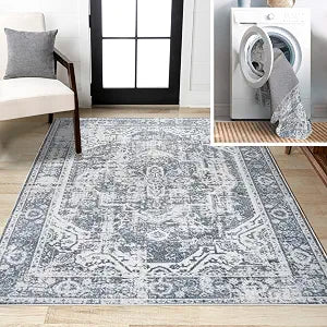 JONATHAN Y Machine Washable Cream/Blue Indoor Area Rug 3X5 ft, Keesha Bold Distressed Medallion Low-Pile for Living Room, Bedroom, Kitchen, Office, Easy-Cleaning, Pet-Friendly, Non-Shedding WSH316B-3