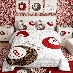 jejeloiu Lucky 8 Ball Comforter Set Cheetah Bedding Set Queen Size 3 Pcs