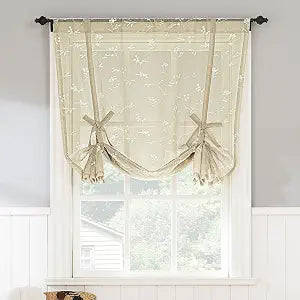 No. 918 Bridget Embroidered Leaf Sheer Rod Pocket Window Tie-up Balloon Shade, Linen, 42" W x 63" L