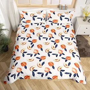 Peach Bedding Set Queen Size for Girls Teens Cute Fruit Room Decor Duvet Cover Reversible Design Kawaii Fresh Peaches Comforter Cover Cartoon Fruit Stripes Bedspread Cover, 1 Duvet Cover+2 Pillowcases