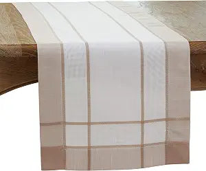 SARO LIFESTYLE Banded Border Table Runner, 16"x90", Natural 100% Polyester, Machine Washable