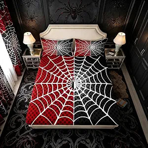 Manfei Spider Kids Fitted Sheet Twin Size, White Spider Web Black Dots Bedding Set 2pcs for Boys Girls Room Decor, Red and Black Bed Cover with 1 Pillowcase, Soft Polyester Bedding, No Top Sheet