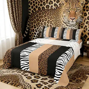 Brown Leopard Print Kids Sheet Queen Size,Zebra Skin Stripes Abstract Bedding Set,Girls Boys Adults Room Decor,Animals Rustic Farmhouse Country Bed Sheet Set 4pcs(Fitted + Flat + 2 Pillowcases)