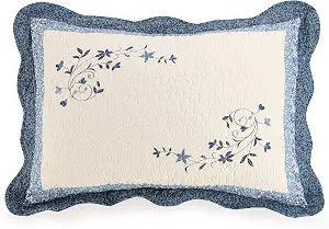 Modern Heirloom Blue Floral Embroidered Quilted Single Pillow Sham - Lightweight Breathable All Seasons Bedding, King Size