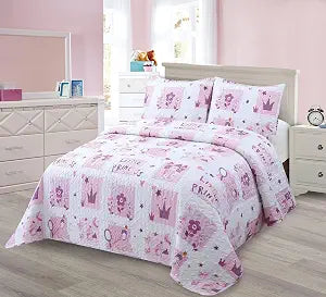 MK Collection Bedspread Set Kids Teens Little Princess Printed Bedding Set, Pink and White Princess Print Bedding, Crown Princess Pink, White and Purple, Flowers Bedspread Set New (Full/Queen)