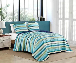Chezmoi Collection Morgan 3-Piece Striped Quilt Set - Green Blue White Striped Printed Microfiber Lightweight Quilted Bedspread Set, Queen (100" x 95")