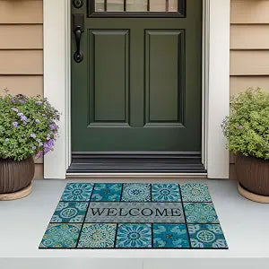 Mohawk Home Ocean Tiles Welcome Casual Novelty; Ornamental Aqua Blue 1' 11" X 2' 11" Door Mat Perfect for Porch, Garage