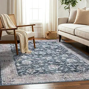 Machine Washable Area Rug, Soft & Durable, Non-Slip, Stain Resistant Rug for Bedroom, Living & Dining Room, High Traffic Areas (Indigo Bloom, 3' X 5')