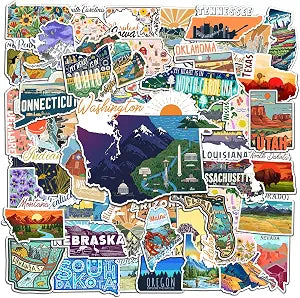 50 Pcs US States Sticker USA Vinyl Stickers Waterproof American Decals Water Bottle Scrapbook Luggage Phone Laptop Tablet Skateboard Classroom Wall Bike Christmas Birthday Gifts for Women Men