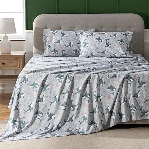 Cartoon Printed Brushed Microfiber Bedding Set ��� Ultra Soft 85GSM Cozy Sheet and Pillowcase Set, Lightweight Bedding with Animal Pattern for All Ages, Machine Washable(Queen, Sharks)