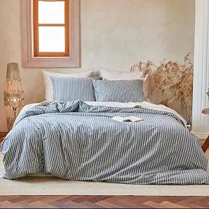 QKTE Striped 100% Washed Cotton Duvet Cover Set Queen 3Pcs(1 Comforter Cover&2 Pillowcases), Natural Cotton Bedding Set Soft Breathable Farmhouse Zipper Closure All Seasons(Dark Gray-White,Queen)