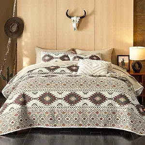 Wake In Cloud - Western Quilt Set, Southwestern Aztec Country Style with Rustic Ranch Vibe, Reversible Lightweight Bedspread Coverlet, 3 Pieces, Beige Brown, Queen/Full Size