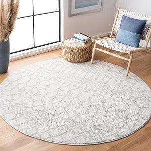 SAFAVIEH Tulum Collection Area Rug - 5' Round, Ivory & Light Grey, Moroccan Boho Distressed Design, Non-Shedding & Easy to Clean, Ideal for Living Room, Bedroom, Dining Space (TUL270D)