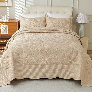 Cmfshape Oversize King Quilt Set Bedspread 114x102-Beige California King Quilts 3 PCS-Lightweight Quilted Bedding Extra Wide-Paisley Pattern Coverlet for All Season Bohemian