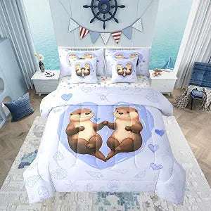 7 Pieces Twin Size Cartoon Otter Comforter Set,Sketch Love Heart Romantic Bedding Set for Boys Girls,Shell Starfish Cute Ocean Animal (Comforter+Fitted+Flat Sheet+2 Pillowcases+2 Throw Pillow Covers)