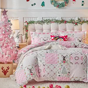 Joyreap 3pcs Christmas Duvet Cover Set Queen, Pink n White Xmas Patchwork Design Comforter Cover Set, Includes 1 Duvet Cover and 2 Pillow Shams