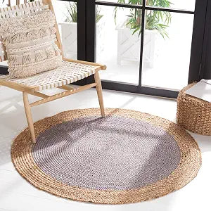 SAFAVIEH Area Rug 3' Round - Natural Fiber Collection - Grey & Natural Brown, Handmade Jute, Braided Border Design (NF801F)