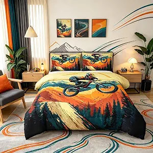Mountain Biking Bicycle Kids Boys Men Comforter Sets Twin Size,Offroad Cycling Bedding Sets,Retro 3D Cyclist Mountain Duvet Insert Bedroom Decor 2 PCS,Bike Lover Quilt Set with 1 Pillowcase