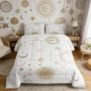 Homewish Stars and Moon Twin Size Comforter Set,Pink Golden Grey Shiny Planets Duvet Set with 1 Pillowcase for Kids Boys,Romantic Galaxy Universe Soft Microfiber Bedding Comforters