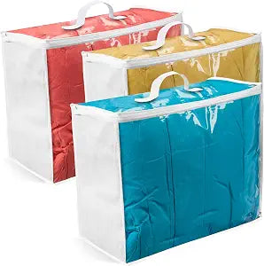 VitalUp Clear Plastic Storage Bags, Durable Zippered Storage Bags for Comforters, Blankets, Clothes, and Bedding - Breathable Nonwoven with Clear Front for Easy Organizing, 18x15x9, 3 Pack