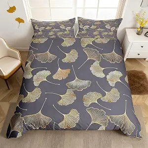 Ginkgo Leaf Duvet Cover Set King Size,Rustic Leaves Autumn Plant Comforter Cover with 2 Pillowcases(No Comforter) Bedspread,Nature Botanical Grey Golden Microfiber Quilt Cover for Adult Women,3 Pcs
