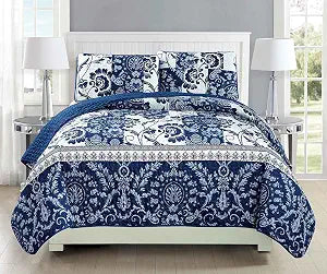 Fancy Collection 2pc Twin/Twin Extra Long Oversize Quilted Bedspread Coverlet Set Floral Navy Blue White New