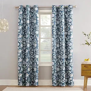 Sun Zero Jorah Botanical Print Thermal Insulated Energy Efficient Grommet Curtain Panel, 40" x 95", Blue