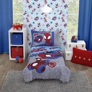NoJo Marvel Spiderman Spidey and his Amazing Friends Spidey Time Red, Blue, and Grey 4 Piece Toddler Bed Set - Comforter, Fitted Bottom Sheet, Flat Top Sheet, and Reversible Pillowcase