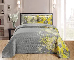 Home Collection Quilt Bedspread Set Over Size Flowers Printed (Twin/Twin XL, Grey/Yellow)
