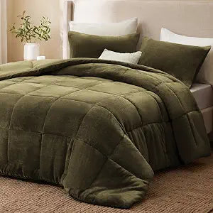 Love's cabin Flannel Twin Comforter Set, Plush Jacquard, Olive Green