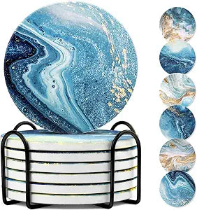 Ceramic Coasters Set of 6 with Holder, Absorbent, 4" Marble Blue Ocean