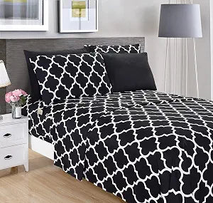 Elegant Comfort 6-Piece Quatrefoil Printed Deep Pocket Bed Sheet Set, Luxurious Silky 1500 Thread Count Bed Sheet Set Ultra Soft Wrinkle Resistant Bedding Set, Queen, Black