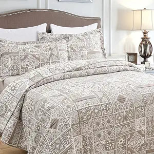 Asuexpect 3 Piece Brown Patchwork Bedspread Sets King Size, Boho Reversible Jacquard Bedding Set for All Season, Soft Lightweight Comforter Bedspread Coverlet Set (106''x96'') with 2 Shams
