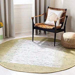 SAFAVIEH Montauk Collection Area Rug - 4' Round, Ivory & Olive, Handmade Stripe Fringe Cotton, Ideal for High Traffic Areas in Living Room, Bedroom (MTK711K)