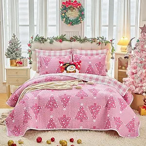Joyreap 3pcs Christmas Quilt Set Queen, Xmas Tree Pink Design for Girls, Soft Microfiber Bedspread Coverlet for All Season- 88x88 inches