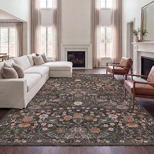 JONATHAN Y Ultra-Soft Machine-Washable Rug with Non-Skid Backing, Taupe/Multi 3'x5' Primrose Art Nouveau Floral Border, Non-Shedding, Velvet Luxury Feel for Living Room, Dining Room, Bedroom BTF100F-3