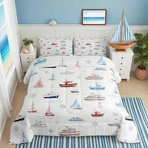 Nautical Sailboat Comforter Set Twin Size,Sea Transportation Ships Bedding Set 2Pcs,Boat Anchor Rudder Print Quilt Set,Kids Boys Girls Teens Room Decor,Blue Red White Duvet Insert,1 Pillowcase