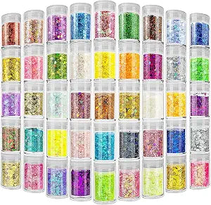 45 Holographic Chunky Sequins & Fine Powder Glitter Mix, Iridescent Glitter Flakes for Face, Body, Eye, Nail Art & Resin Epoxy