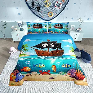 Castle Fairy Pirate Ship Comforter Set,Cartoon Fish Crab Wild Sealife Bedding Set for Kids Boys Girls,Blue Sky Sea Tropical Coconut Trees Comforter Duvet Set with 1 Pillowcase Twin Size 2 Pcs