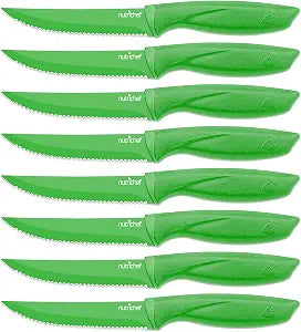 SereneLife Stainless Steel Knife Set, 8 Pcs. - Non-Stick Coating, Sharp Serrated Blades, Professional Kitchen Set, Rust-Resistant, Dishwasher Safe, Ideal for BBQ & Grilling, Green