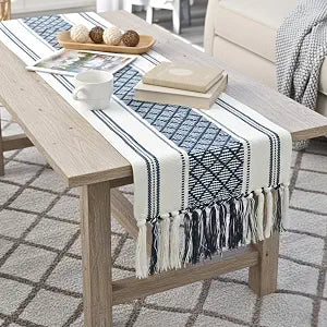 Boho Small Coffee or Dining Table Runner with Tassels 14 x 48 Inches Blue & Cream White Cotton Woven Washable Dresser Scarf for Furniture Farmhouse Table Top Centerpiece Decor