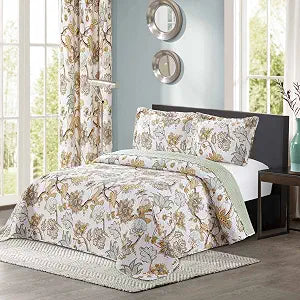 All American Collection 3pc Modern Reversible Floral Home Bedroom Bedspread Coverlet Quilt Set with Matching Curtains Available (Full/Queen Size, Yellow)