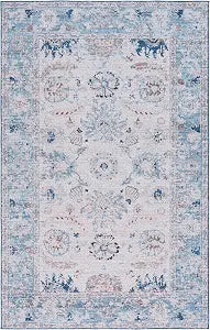 SAFAVIEH Washable Rug Tucson Collection - 3' x 5', Blue & Beige, Slip Resistant & Easy to Clean, Ideal for Foyer, Entryway, Kitchen, Bedroom (TSN908M)